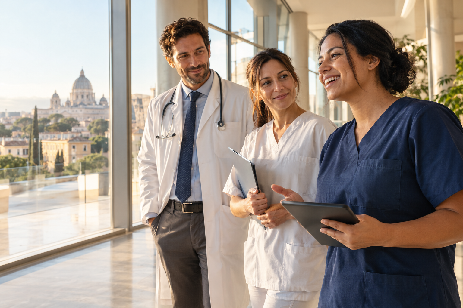 Illustrative scene of healthcare professionals in an Italian hospital